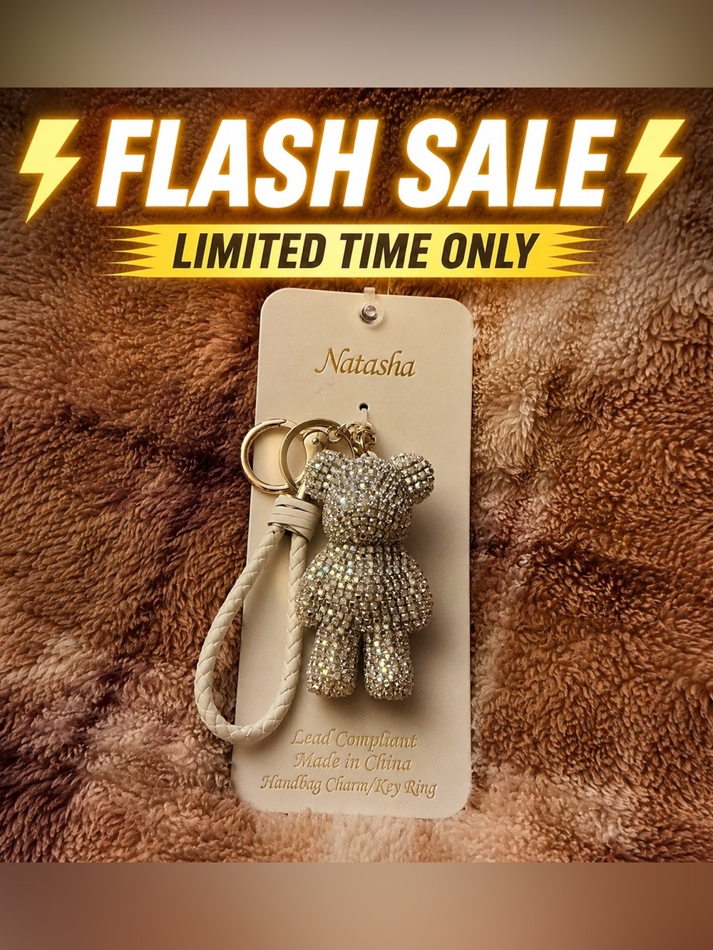 Keychain/Bag Charm Natasha Couture Iridescent Crystal Bear with White Strap